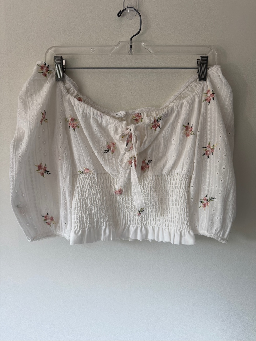 White Floral Eyelet Smocked Peasant Blouse with Tie Front